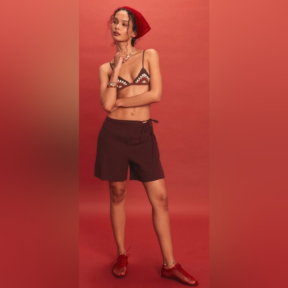 NWT Free People Pucker Chocolate Fondant Check Wrap Shorts Tie-Waist Shorts - Picture 3 of 8